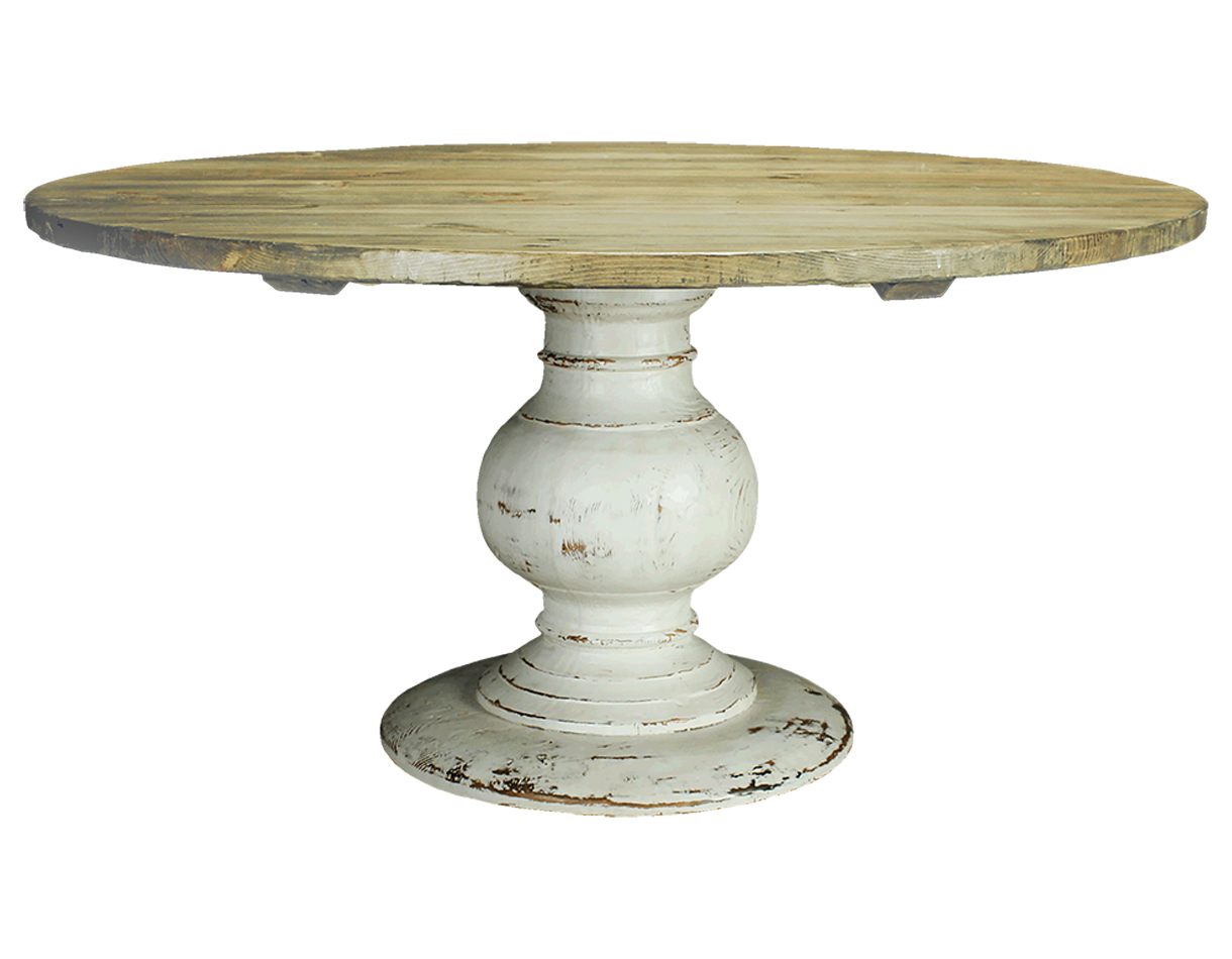 T2015 Typically in 50", 60", and 72" diameters. Shown with Coastal Sands Stained Top and Distressed White Base.