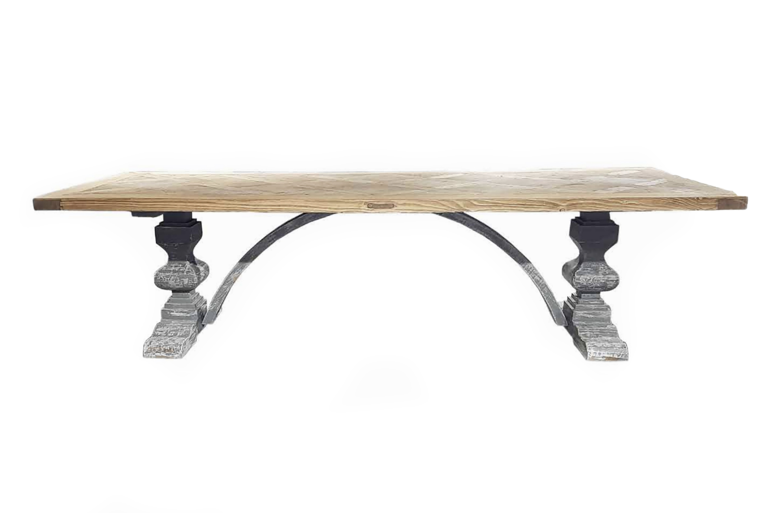 T2181 Only available in lengths of 99" or 114" due to table top design. Shown with Coastal Sands Stained Top and Weathered Gray Base. Table base with arch is also available in 8', 9', or 10' lengths with framed top.